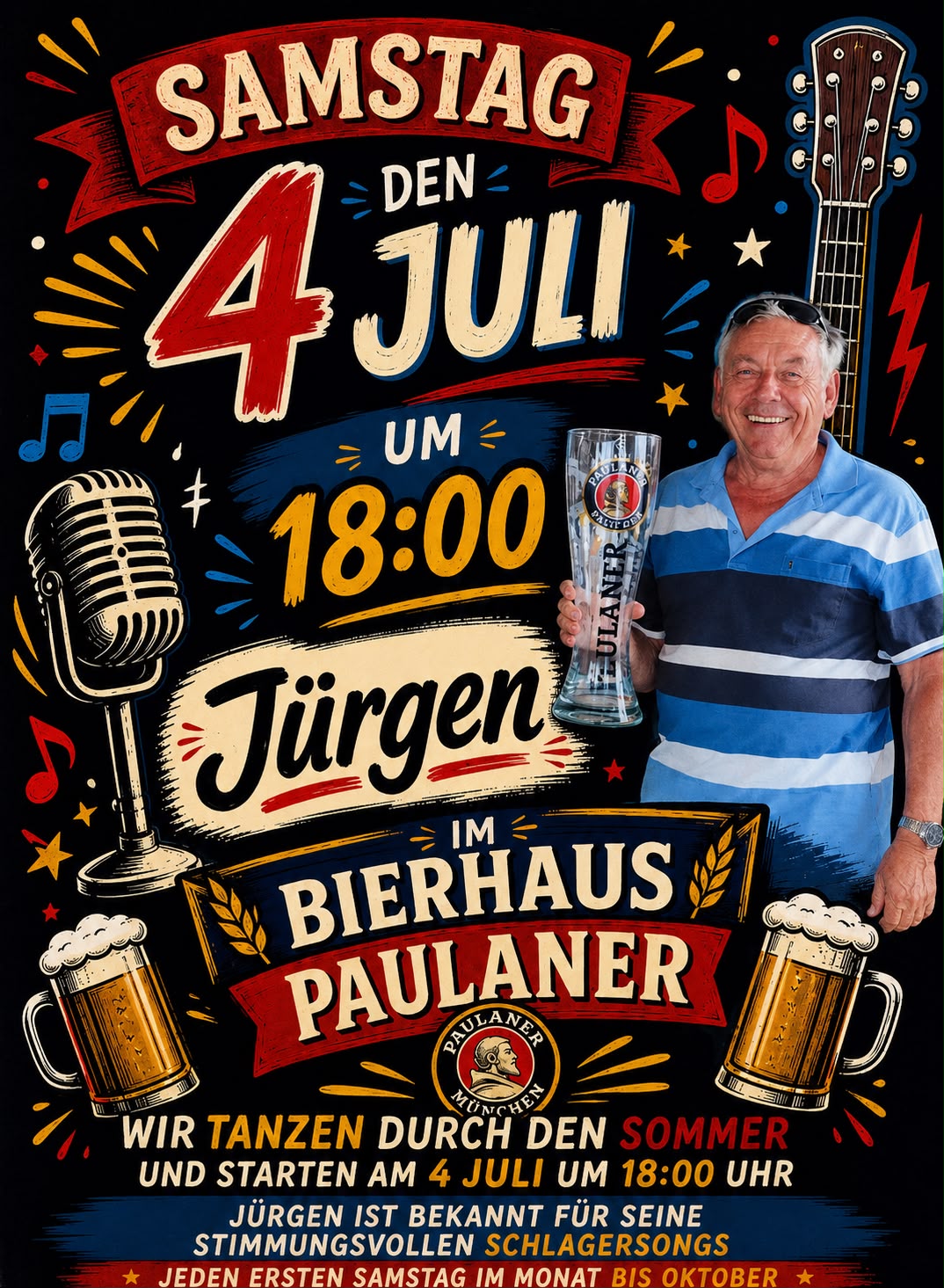 Cartel del concierto de Jürgen en directo en Paulaner Bierhaus — sábado 4 de julio a las 18:00 h