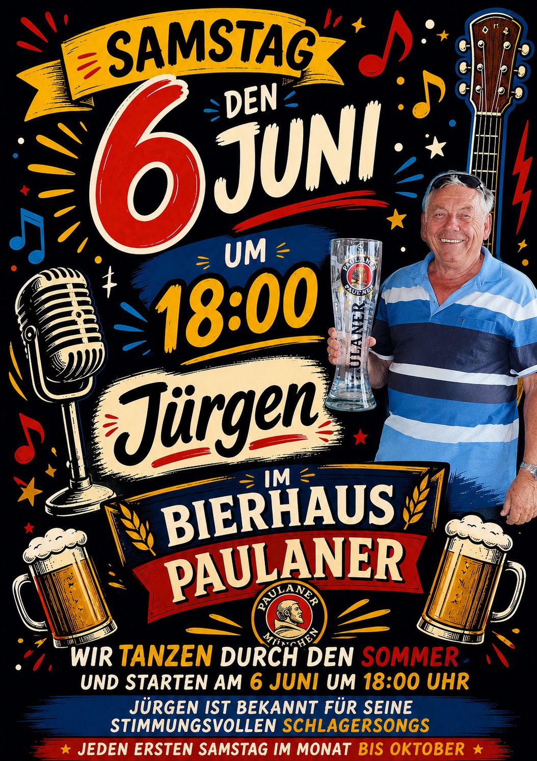 Cartel del concierto de Jürgen en directo en Paulaner Bierhaus — sábado 6 de junio a las 18:00 h